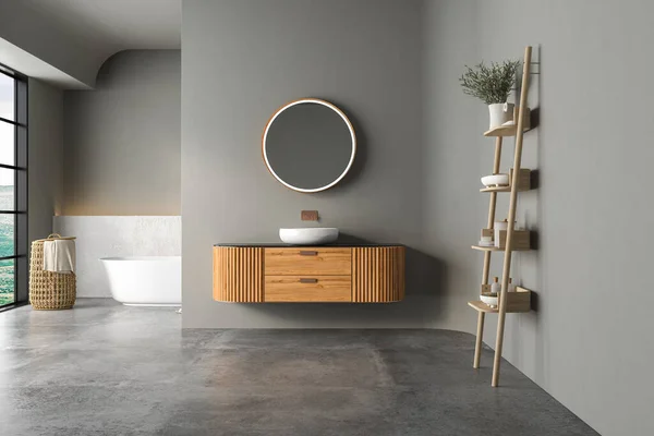 室内设计 带有木制水槽和水槽的浴室 3D渲染 — 图库照片