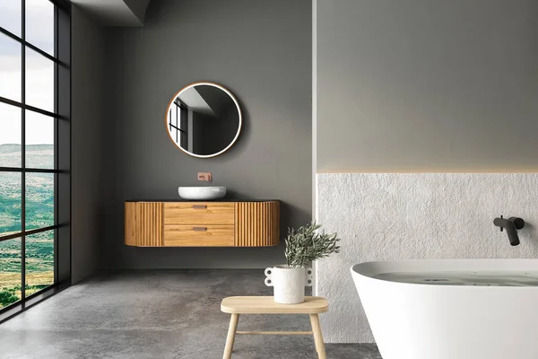 Interieur Eines Modernen Badezimmers Mit Grauen Wänden Holzwänden Und Bequemen — Stockfoto