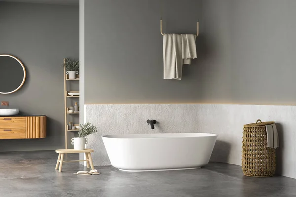Modernes Badezimmer Mit Waschbecken Waschbecken Und Badewanne Auf Hellem Hintergrund — Stockfoto