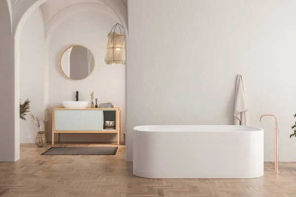 带有白色浴缸和木制桌子的时髦浴池内部 — 图库照片