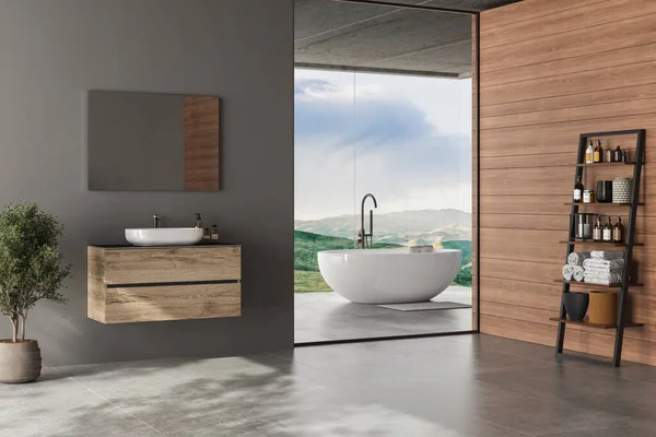 Moderno Baño Gris Interior Con Suelo Hormigón Ventana Panorámica Con — Foto de Stock