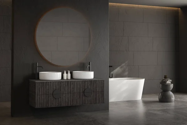 Moderne Minimalistische Badausstattung Moderner Badezimmerschrank Doppelwaschbecken Dunkle Wände Betonboden Badaccessoires — Stockfoto