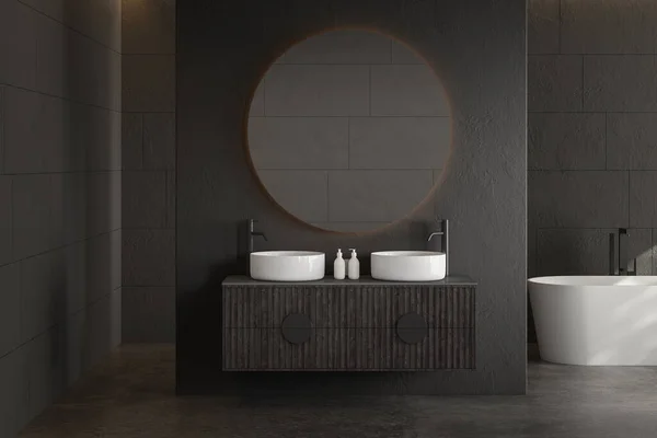 Modern Minimalist Banyo Modern Banyo Dolabı Çift Lavabo Karanlık Duvarlar — Stok fotoğraf