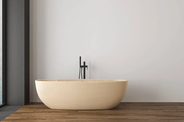 漂亮的米黄色浴缸在现代化的浴室 倒影的全景窗户 白色和灰色的墙壁和花篮地板 3D渲染 — 图库照片