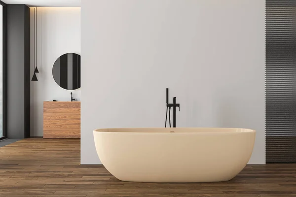 Modern Banyo Tuvalet Yansımada Panoramik Pencere Beyaz Gri Duvarlar Parke — Stok fotoğraf