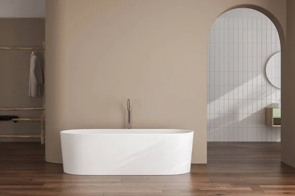Interior Baño Minimalista Beige Con Rayos Sol Gabinete Espejo Oval —  Fotos de Stock