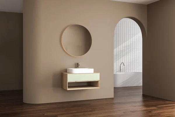 Interior Baño Minimalista Beige Con Rayos Sol Gabinete Espejo Oval — Foto de Stock