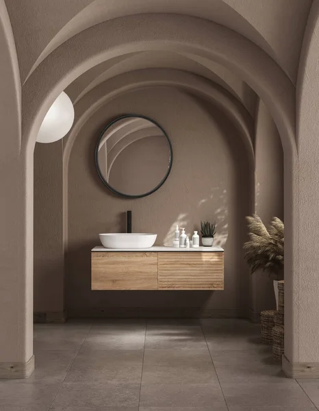 Modern Yüzyılın Ortalarında Minimalist Banyo Mimarisi Bej Dekorasyon Konsepti Bej — Stok fotoğraf