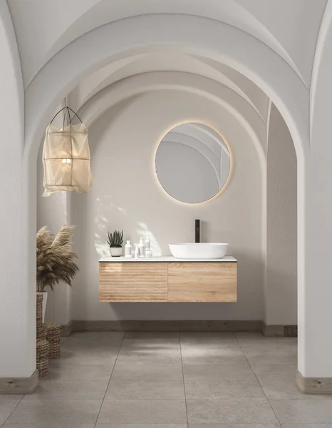 Modern Yüzyılın Ortalarında Minimalist Banyo Mimarisi Beyaz Dekor Konsepti Beyaz — Stok fotoğraf