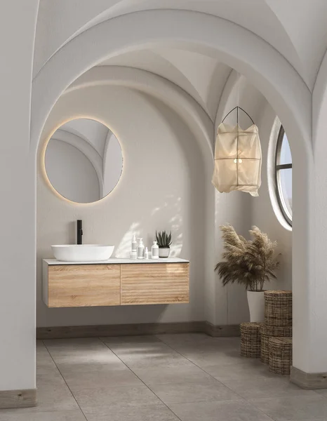 Modern Yüzyılın Ortalarında Minimalist Banyo Mimarisi Beyaz Dekor Konsepti Beyaz — Stok fotoğraf