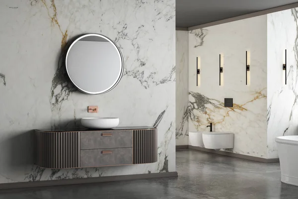 Moderno Banheiro Luxo Paredes Mármore Branco Banheira Piso Concreto Plantas — Fotografia de Stock