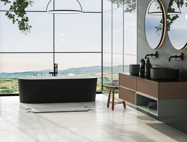 Moderno Baño Minimalista Interior Con Pared Verde Oscuro Gabinete Baño — Foto de Stock