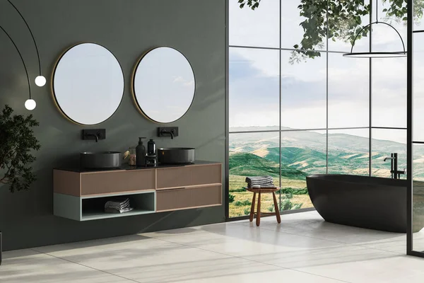 Modern minimalist bathroom interior with dark green wall, luxury bathroom cabinet with double sink, interior plants, bathtub, countertop, forest view from window. Cozy bathroom design. 3D Render