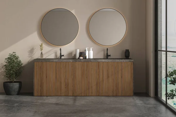 Bej Duvarlı Modern Banyo Çift Aynalı Mermer Leğen Gri Beton — Stok fotoğraf