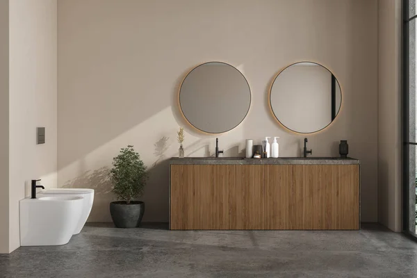 Moderní Koupelna Interiér Béžovými Stěnami Mramorové Umyvadlo Dvojitým Zrcadlem Šedou — Stock fotografie