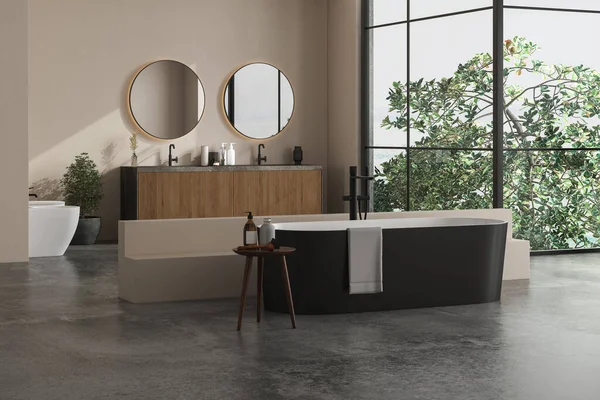 Bej Duvarlı Modern Banyo Çift Aynalı Mermer Leğen Siyah Küvet — Stok fotoğraf