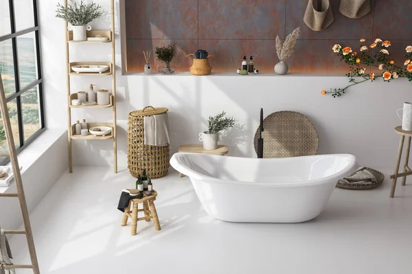 White cozy bathroom interior with beautiful bathtub, bathroom accessories, towel, plant, tile wall, ladder, roses. Minimal design. Bathroom background. Mockup. 3d Rendering
