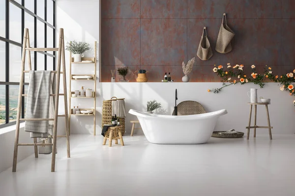Weiße Gemütliche Badezimmereinrichtung Mit Schöner Badewanne Badaccessoires Handtuch Pflanze Fliesenwand — Stockfoto