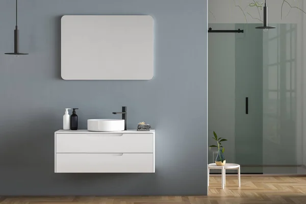 Εσωτερικό Μοντέρνο Μπάνιο Μπλε Και Λευκούς Τοίχους Ξύλινο Πάτωμα Μπανιέρα — Φωτογραφία Αρχείου