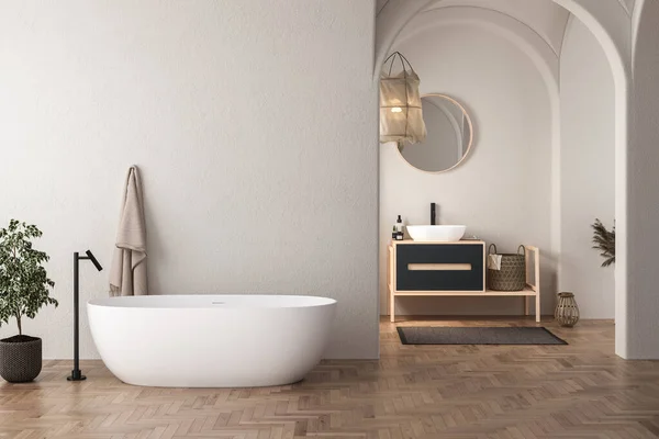 Interior of modern bathroom with white walls, wooden floor, bathtub, dry plants, white sink standing on wooden countertop and a oval mirror hanging above it. 3d rendering
