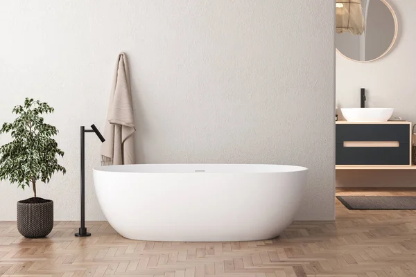 现代世纪中叶和简约浴室内部 白色装饰概念 现代木制浴室橱柜挂在白墙 混凝土地板 舒适的浴室 前面的景色3D渲染 — 图库照片