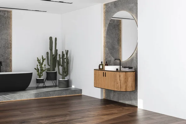 Moderne Loft Badkamer Interieur Bad Parketvloer Zonlicht Planten Handdoeken Met — Stockfoto