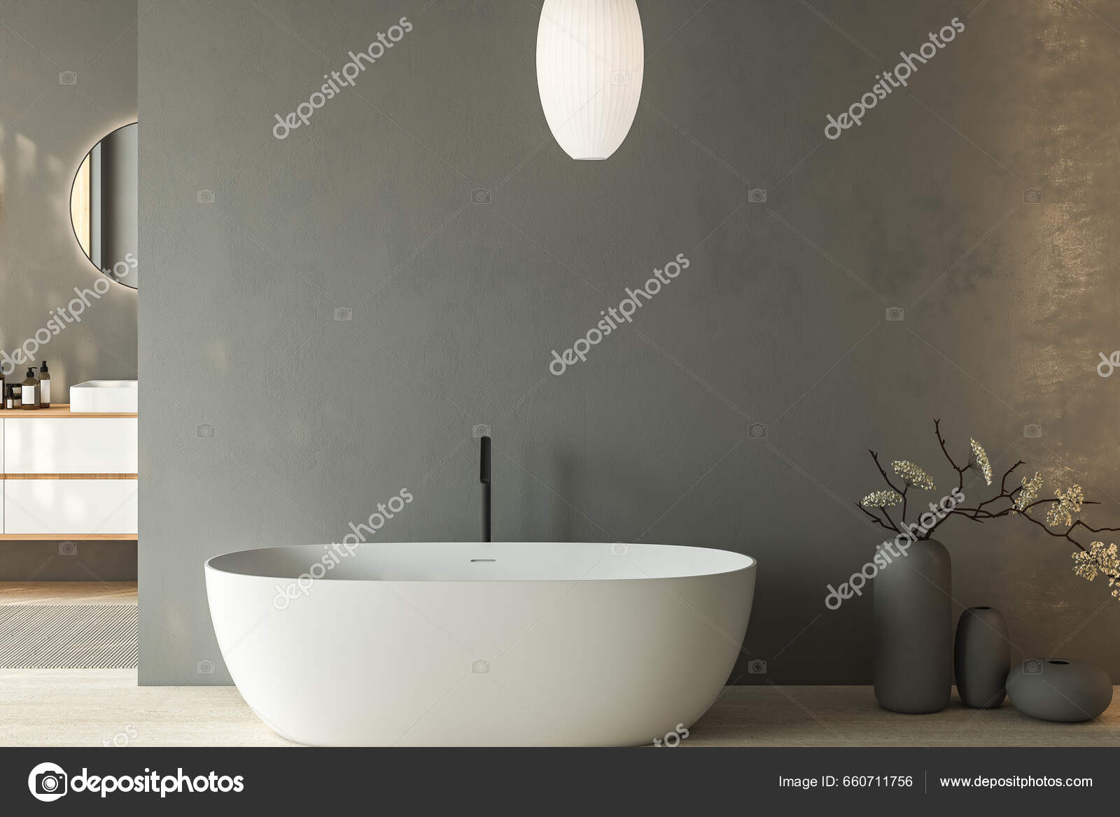 Μοντέρνο Γκρι Εσωτερικό Μπάνιο Διπλό Νεροχύτες Και Οβάλ Καθρέφτες Μπανιέρα  — Φωτογραφία Αρχείου © Suleymanozkan #660711756
