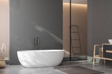 Modern minimalist banyo, modern banyo dolabı, beyaz lavabo, ahşap kibir, iç tesisler, banyo aksesuarları, küvet ve duş, siyah ve bej duvarlar, beton zemin. 3d oluşturma