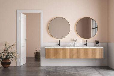 Modern banyo, beyaz fayanslar, bej duvarlar, beton zemin, mermer tezgahta çift beyaz lavabo, üzerinde oval aynalar ve rahat beyaz küvet. 3d oluşturma