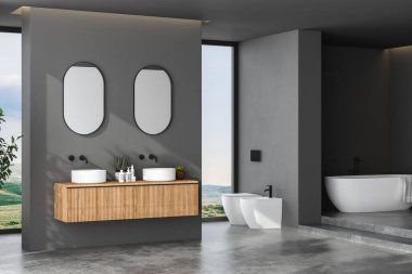 Modern minimalist karanlık banyo, banyo dolabı, çift lavabo, ahşap kibir, iç tesisler, banyo aksesuarları, küvet ve tuvalet, bidet, siyah duvarlar, beton zemin. 3d oluşturma