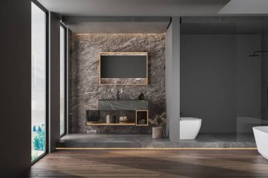 Modern minimalist banyo, modern banyo dolabı, siyah lavabo, banyo aksesuarları, küvet ve tuvalet, parke zemin. 3d oluşturma