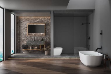 Modern minimalist banyo, modern banyo dolabı, siyah lavabo, banyo aksesuarları, küvet ve tuvalet, parke zemin. 3d oluşturma