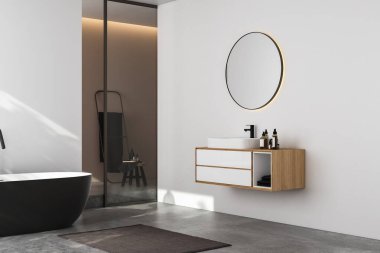 Modern minimalist banyo, modern banyo dolabı, beyaz lavabo, ahşap kibir, iç tesisler, banyo aksesuarları, küvet ve duş, beyaz ve bej duvarlar, beton zemin. 3d oluşturma