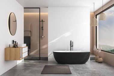 Modern minimalist banyo, modern banyo dolabı, beyaz lavabo, ahşap kibir, iç tesisler, banyo aksesuarları, küvet ve duş, beyaz ve bej duvarlar, beton zemin. 3d oluşturma