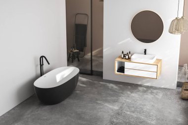 Modern minimalist banyo, modern banyo dolabı, beyaz lavabo, ahşap kibir, iç tesisler, banyo aksesuarları, küvet ve duş, beyaz ve bej duvarlar, beton zemin. 3d oluşturma