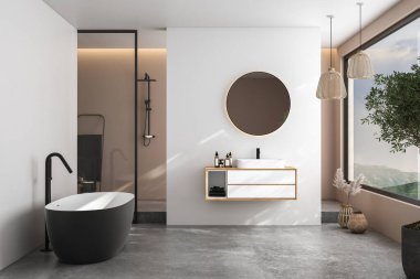 Modern minimalist banyo, modern banyo dolabı, beyaz lavabo, ahşap kibir, iç tesisler, banyo aksesuarları, küvet ve duş, beyaz ve bej duvarlar, beton zemin. 3d oluşturma