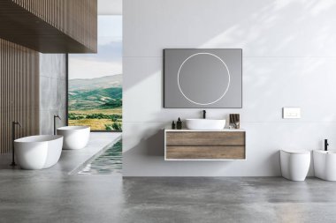 Beton zeminli beyaz banyo, iki beyaz küvet ve bir lavabo, iç havuz, bitki örtüsü, yan görüş. Modern mobilya ve şehir manzaralı minimalist banyo. 3B görüntüleme