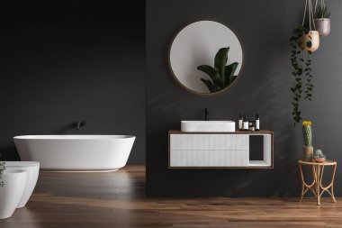 Siyah duvarlı şık bir banyo, oval aynalı beyaz leğen, banyo, bitkiler ve koyu parke zemin. Modern mobilyalı minimalist rahat banyo. 3B görüntüleme