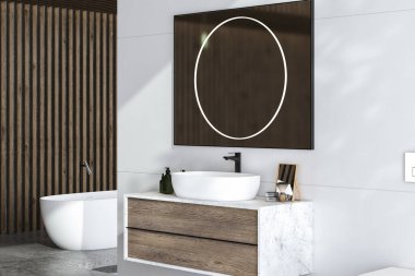 Beton zeminli beyaz banyo, iki beyaz küvet ve bir lavabo, iç havuz, bitki örtüsü, yan görüş. Modern mobilya ve şehir manzaralı minimalist banyo. 3B görüntüleme