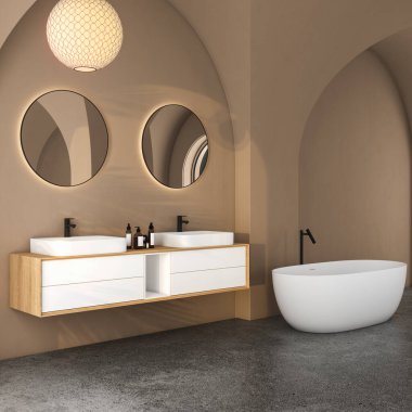 Modern yüzyılın ortalarında ve minimalist banyo iç mimarisi, bej dekorasyon konsepti, modern beyaz banyo dolabı, çift beyaz lavabo, tuvalet, bide, bej duvarlı küvet ve beton zemin. 3d oluşturma