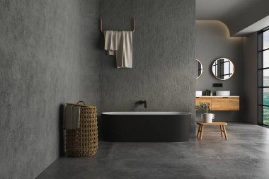 Beton zemin, siyah oval küvet, çift lavabo, pencerelerden bitki ve dağ manzaralı modern banyo. Modern mobilyalı minimalist banyo. 3B görüntüleme
