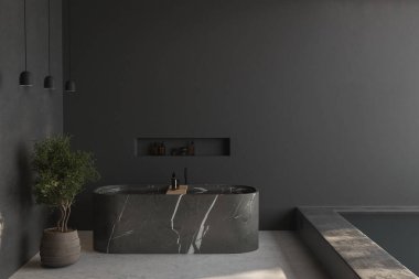 İçinde mermer bir küvet, beton zemin ve koyu duvar, havuz ve bitki olan bir banyo manzarası. 3d oluşturma