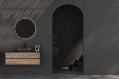 Modern minimalist banyo, modern banyo dolapları, çift siyah lavabo, ahşap kibir, iç tesisler, banyo aksesuarları, siyah duvarlar, beton zemin. 3d oluşturma