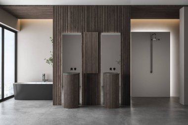 Beton zemin, siyah beyaz küvet, çift leğen, duş, ahşap duvar, pencerelerden bitki ve şehir manzaralı modern banyo. Modern mobilyalı minimalist banyo. 3B görüntüleme