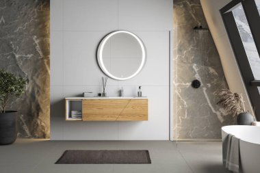Beton zemin, beyaz oval küvet, beyaz havuz, duş, bitki ve pencerelerden karlı dağ manzaralı modern banyo. Modern mobilyalı minimalist banyo. 3B görüntüleme