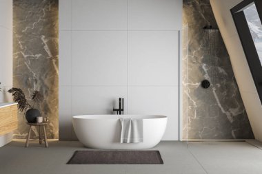 Beton zemin, beyaz oval küvet, beyaz havuz, duş, bitki ve pencerelerden karlı dağ manzaralı modern banyo. Modern mobilyalı minimalist banyo. 3B görüntüleme