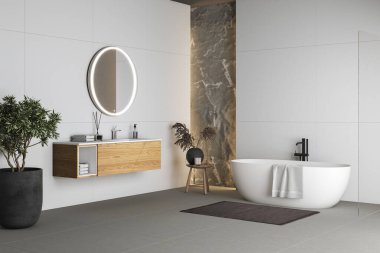Beton zemin, beyaz oval küvet, beyaz havuz, duş, bitki ve pencerelerden karlı dağ manzaralı modern banyo. Modern mobilyalı minimalist banyo. 3B görüntüleme