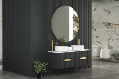 Modern minimalist banyo, modern banyo dolabı, çift lavabo, iç tesisler, banyo aksesuarları, küvet ve tuvalet, siyah ve mermer duvarlar. 3d oluşturma