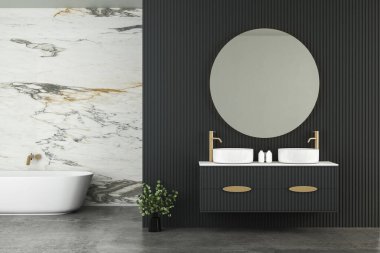 Modern minimalist banyo, modern banyo dolabı, çift lavabo, iç tesisler, banyo aksesuarları, küvet ve tuvalet, siyah ve mermer duvarlar. 3d oluşturma