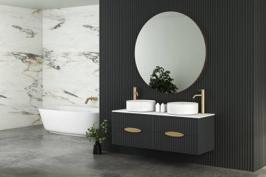 Modern minimalist banyo, modern banyo dolabı, çift lavabo, iç tesisler, banyo aksesuarları, küvet ve tuvalet, siyah ve mermer duvarlar. 3d oluşturma